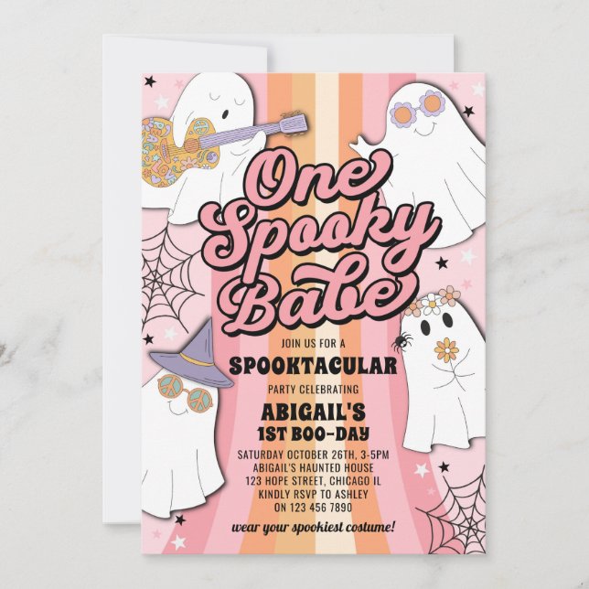 Invitation Un Babe Éffrayant Retro rose Halloween 1er anniver (Devant)
