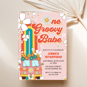 Invitation Un Babe Retro Super Arc-en-ciel 1er anniversaire