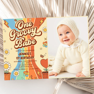 Invitation Un Babe Retro Super Arc-en-ciel 1er anniversaire P