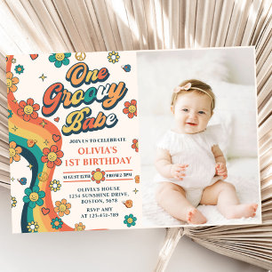 Invitation Un Babe Retro Super Arc-en-ciel 1er anniversaire P