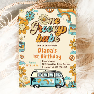Invitation Un Babe Retro Super Rainbow 1er anniversaire