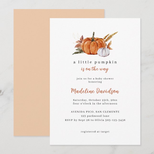 Invitation Un Baby shower Automne Un Peu Citrouille (Devant / Derrière)