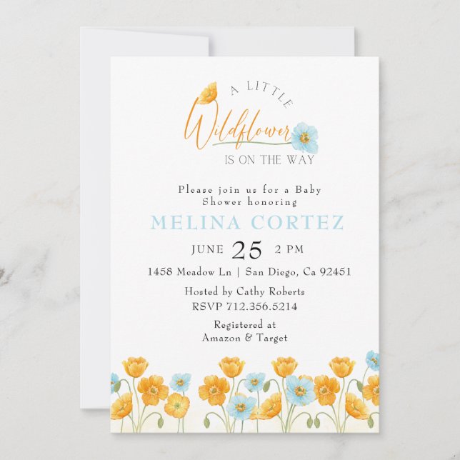 Invitation Un Baby shower d'aquarelle un peu Fleur sauvage (Devant)