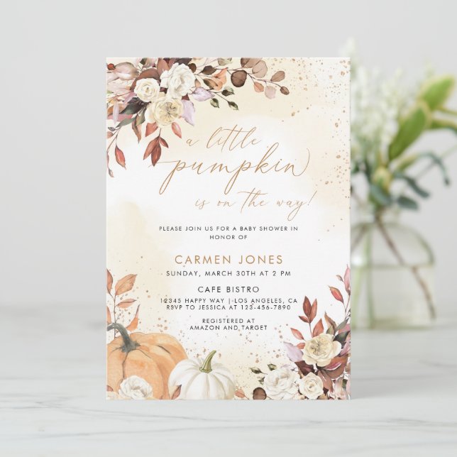 Invitation Un Baby shower D'Automne Un Peu Citrouille Neutre  (Debout devant)