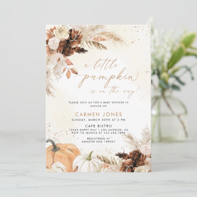 Invitation Un Baby shower D'Automne Un Peu Citrouille Neutre  (Debout devant)