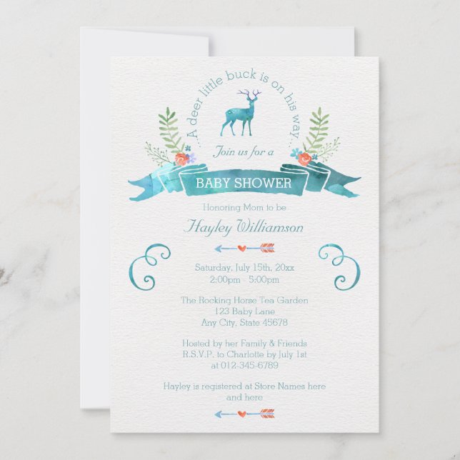 Invitation Un Baby shower de bannière d'aquarelle Deer Little (Devant)