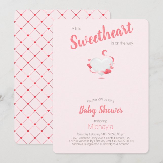 Invitation Un Baby shower de Coeur rose (Devant / Derrière)