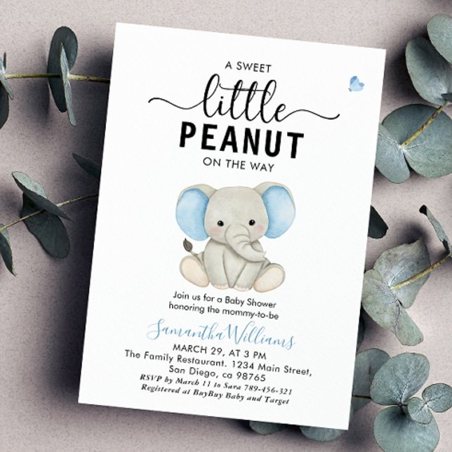 Invitation Un Baby shower d'éléphant bleu doux à l'arachide (Créateur téléchargé)