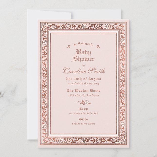 Invitation Un Baby shower d'or Rose à conte de verdure (Devant)