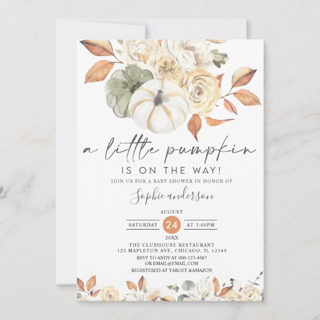 Invitation Un Baby shower Floral D'Automne Un Peu Citrouille (Devant)
