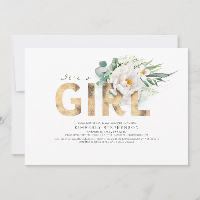 Invitation Un Baby shower Floral de Typographie Or (Devant)