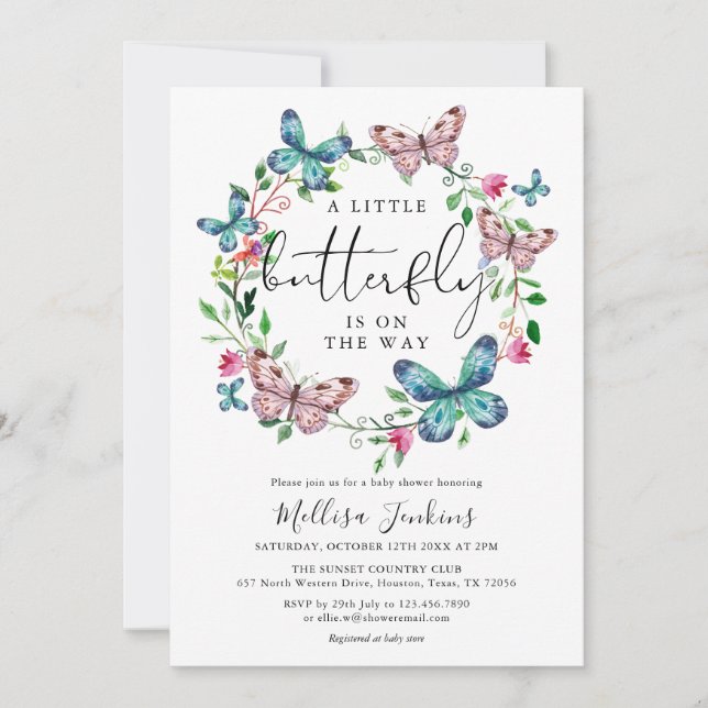 Invitation Un Baby shower Floral Petit Papillon (Devant)