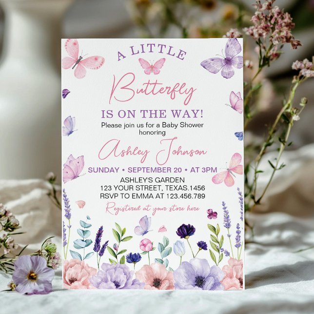 Invitation Un Baby shower Floral Pink Purple Petit Papillon (Créateur téléchargé)
