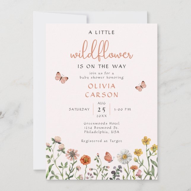 Invitation Un Baby shower Floral Un Peu Fleur sauvage Rose (Devant)