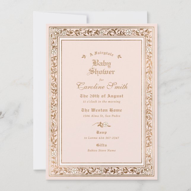 Invitation Un Baby shower rose pâle à conte (Devant)