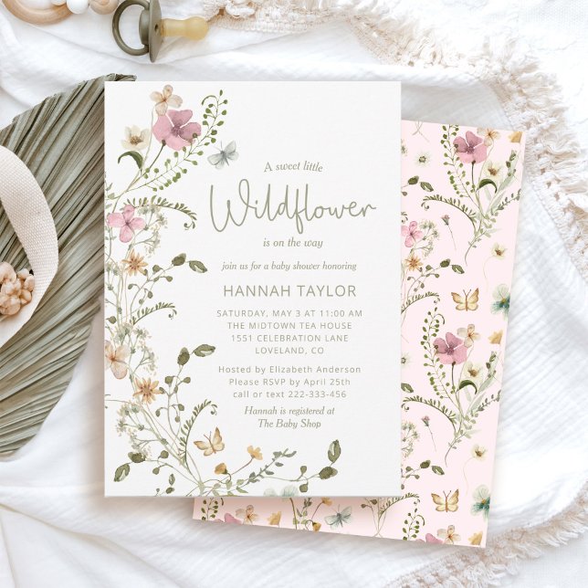 Invitation Un Baby shower Rose Petite Fille Fleur sauvage (pink girl little wildflower baby shower invitations)