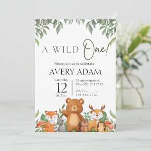 Invitation Un Baby shower sauvage ONE Green Bois Animaux