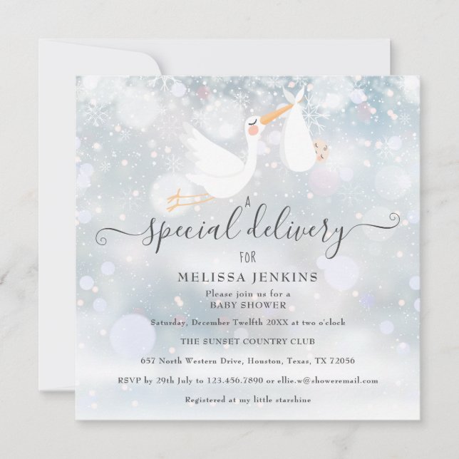Invitation Un Baby shower spécial d'hiver de la cigogne (Devant)
