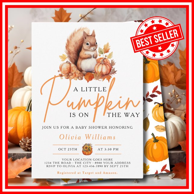Invitation Un Baby shower SQUIRREL Automne Un Peu Citrouille (A Little Pumpkin is on the Way Fall Autumn Squirrel Baby Shower Invitation)