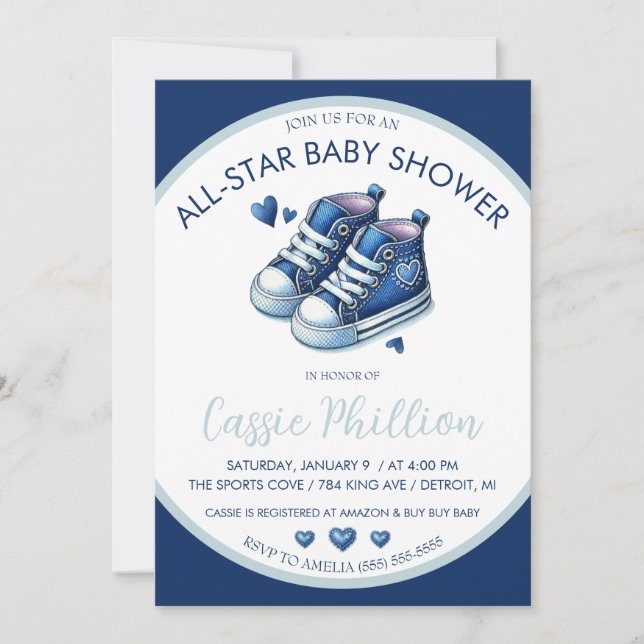 Invitation Un Baby shower Tout Étoiles, Blue High Top Baskets (Devant)