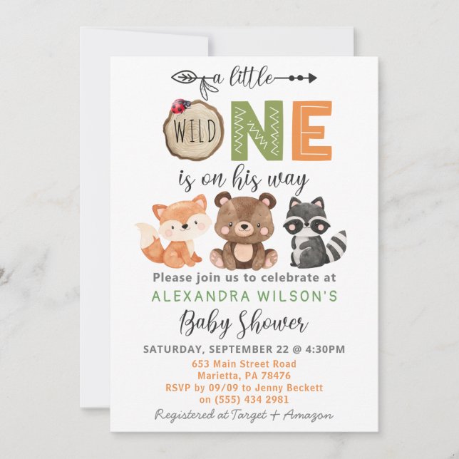 Invitation Un Baby shower Un Peu Sauvage, Animaux Des Bois (Devant)