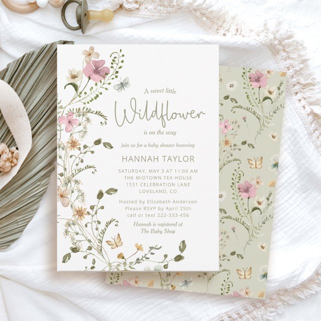 Invitation Un Baby shower Vert Petite Fille Fleur sauvage Sag (Little Wildflower Girl Baby Shower Invitation Sage Green)