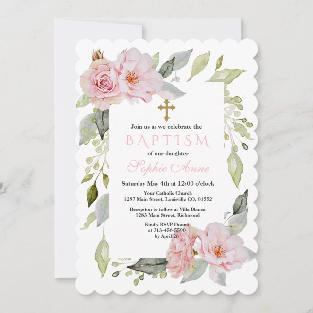 Invitation Un Baptême De Fleur Rose Et Joli (Devant)