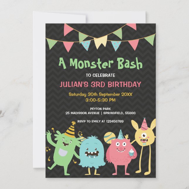 Invitation Un Bassin Monster Enfants Coloré Anniversaire (Devant)