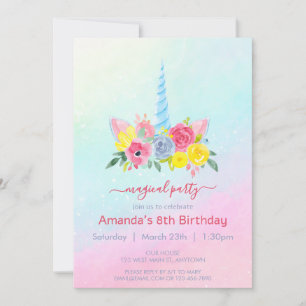 Invitation Un beau visage de licorne avec florales fille anni