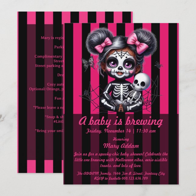 Invitation Un bébé brasse | Baby shower d'Halloween rose (Devant / Derrière)