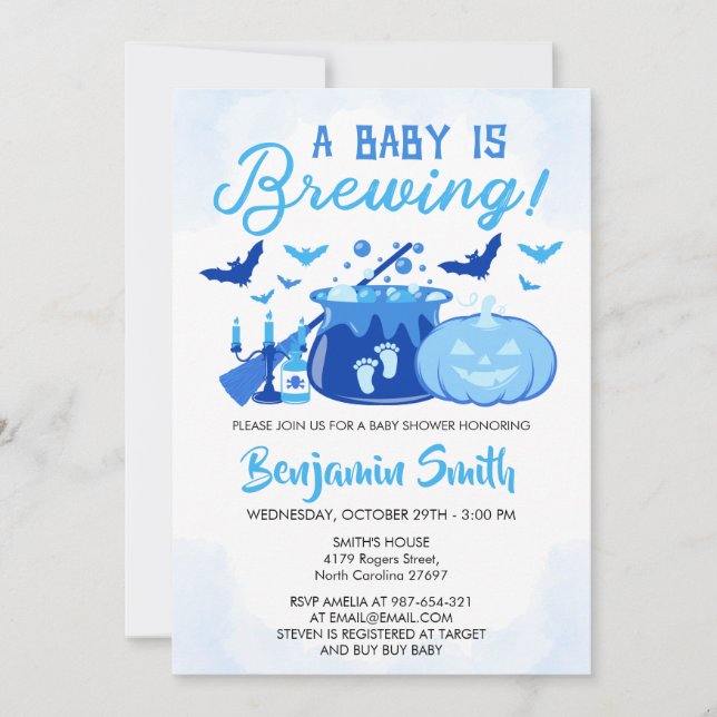 Invitation Un Bébé brasse Blue Halloween Baby shower garçon (Devant)