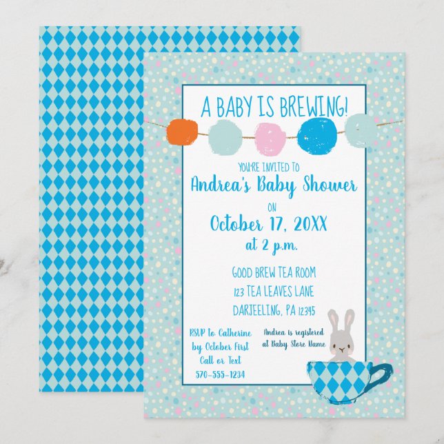 Invitation Un bébé brasse Blue Teacup Baby Boy Shower (Devant / Derrière)