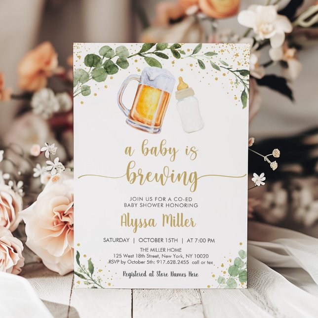 Invitation Un Bébé brasse du Baby shower d'or de verdure (Créateur téléchargé)