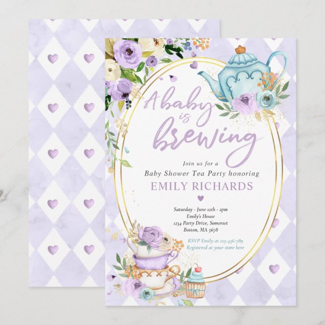 Invitation Un bébé brasse du thé Baby shower Lilac Rose (Devant / Derrière)