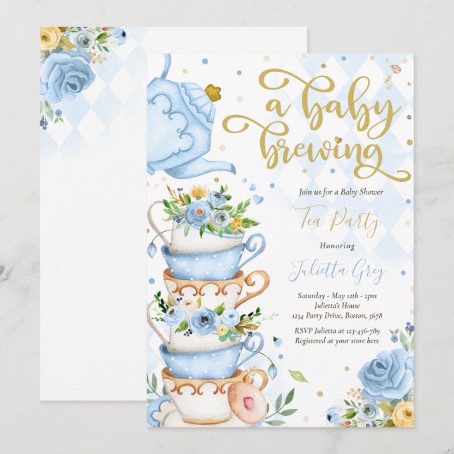 Invitation Un bébé brasse du thé Baby shower Roses bleus (Devant / Derrière)