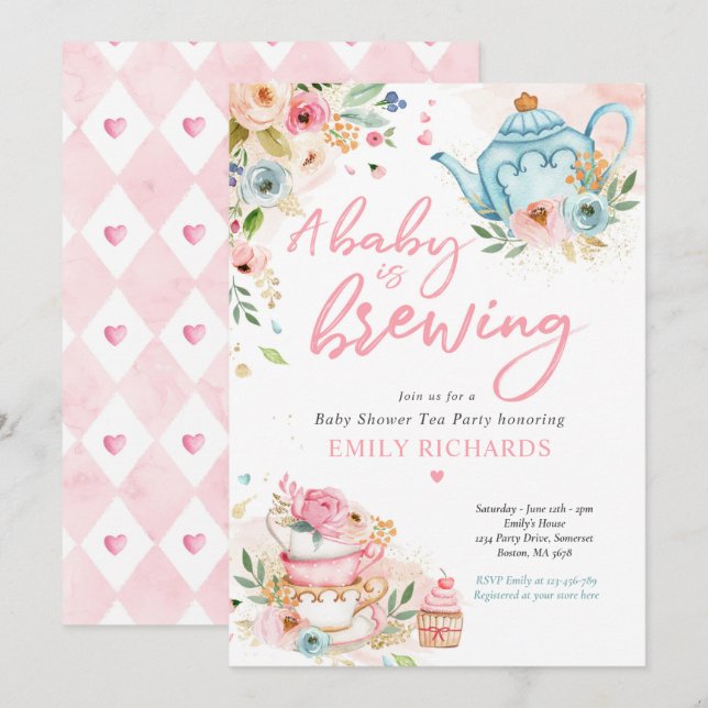 Invitation Un Bébé brasse Du Thé Baby shower Roses Roses Rose (Devant / Derrière)