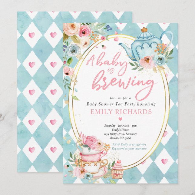 Invitation Un Bébé brasse Du Thé Baby shower Roses Roses Rose (Devant / Derrière)