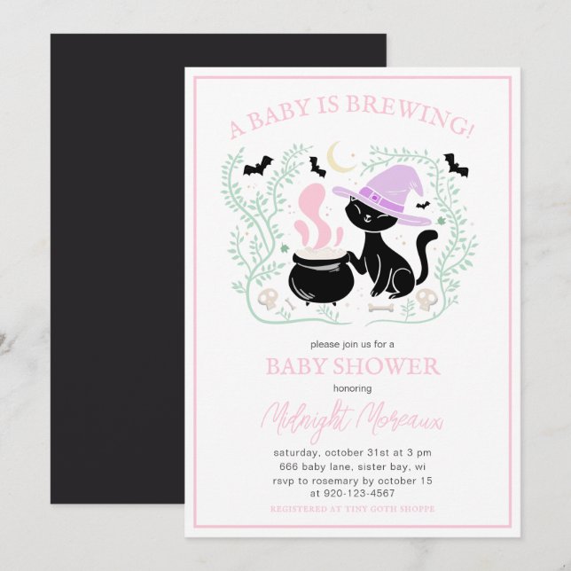 Invitation Un Bébé brasse le Baby shower d'Halloween Cauldron (Devant / Derrière)