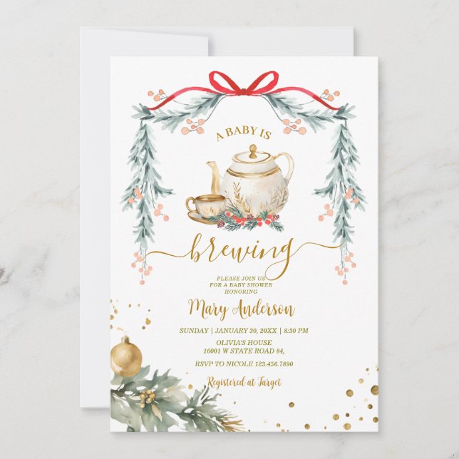 Invitation Un bébé brasse le thé Baby shower de Noël (Devant)