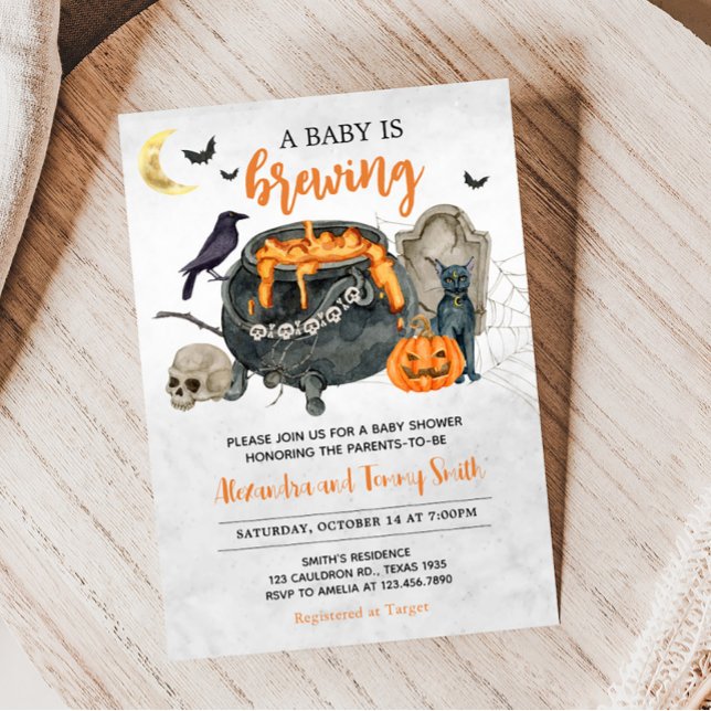 Invitation Un bébé brasse un Baby shower d'Halloween orange (Orange Halloween Baby Shower Invitation)