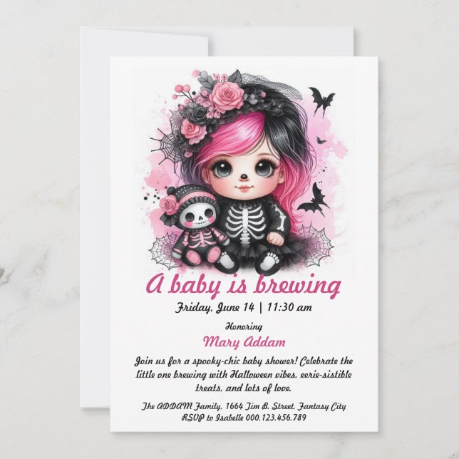 Invitation Un bébé brasse un Baby shower d'Halloween rose (Devant)