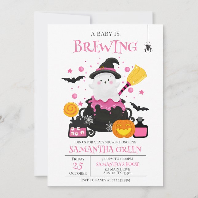 Invitation Un bébé brasse un Baby shower d'Halloween rose (Devant)