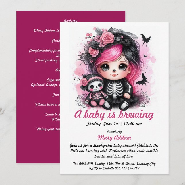 Invitation Un bébé brasse un Baby shower d'Halloween rose (Devant / Derrière)