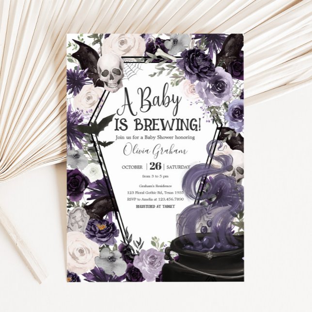 Invitation Un bébé brasse un Baby shower gothique d'Halloween (Floral Gothic Coffin A Baby is Brewing Baby Shower Invitation
)