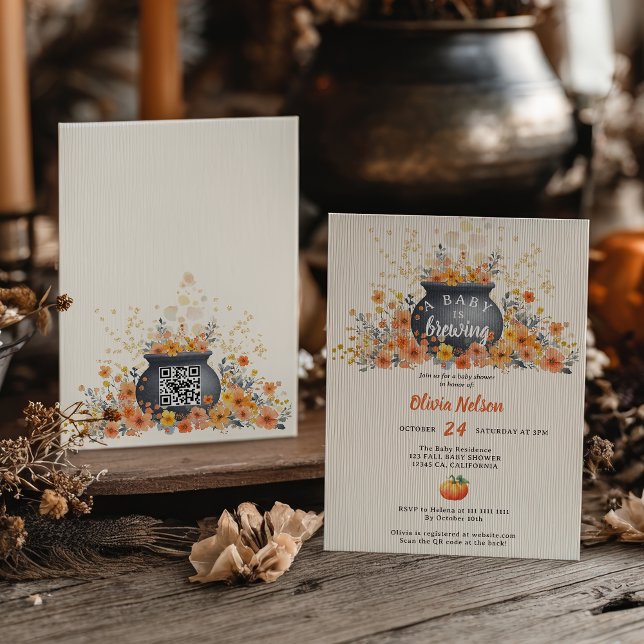 Invitation Un Bébé Brûle Le Baby shower Floral D'Halloween (A Baby Is Brewing Halloween Floral Baby Shower Invitation)