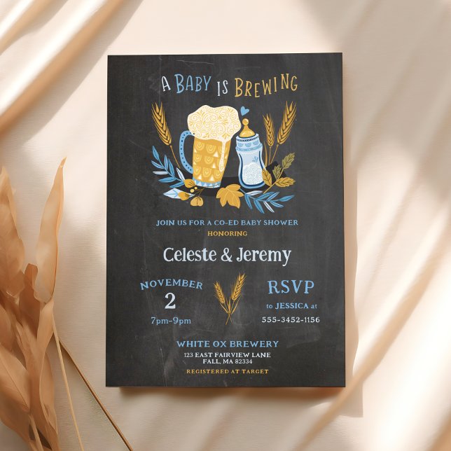 Invitation Un bébé est en train de brasser, Baby shower de bé (a baby is brewing baby shower invitation shown on cloth tabletop with fall foliage )