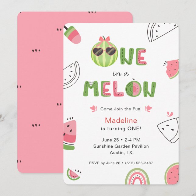 Invitation Un bébé fille pour un melon pastèque Premier anniv (Devant / Derrière)