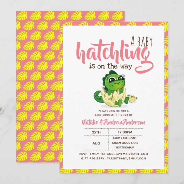 Invitation Un Bébé Hatchling Est Sur Le Chemin Dinosaure Rose (Devant / Derrière)