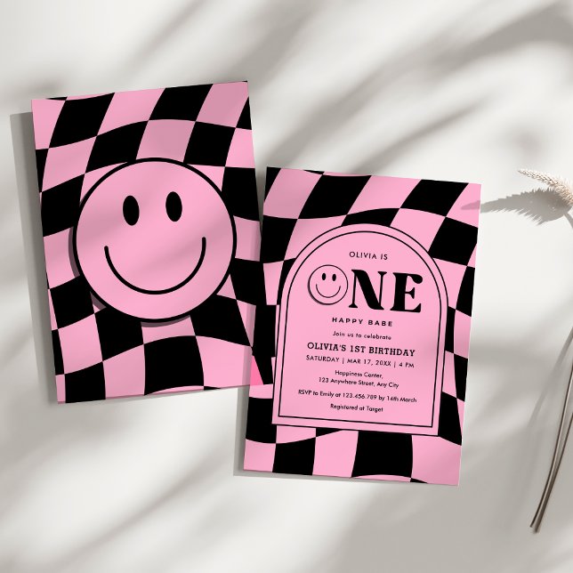 Invitation Un Bébé heureux Happy Visage rose Fille 1er annive (One Happy Babe Happy Face Pink Girl 1st Birthday Invitation )