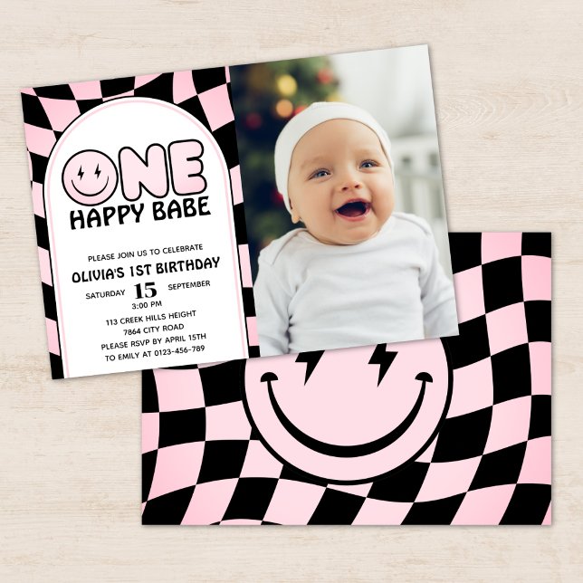 Invitation Un Bébé heureux Super rose chèque photo Anniversai (Créateur téléchargé)